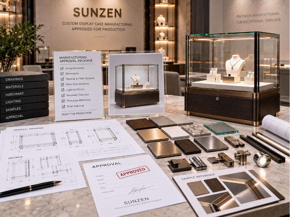 Approved custom display case manufacturing package with drawings dimensions material finishes glass lighting hardware and sample references