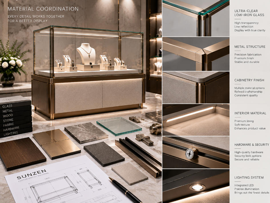 Custom display case manufacturing detail coordinating ultra clear glass metal cabinetry interior materials lighting and hardware