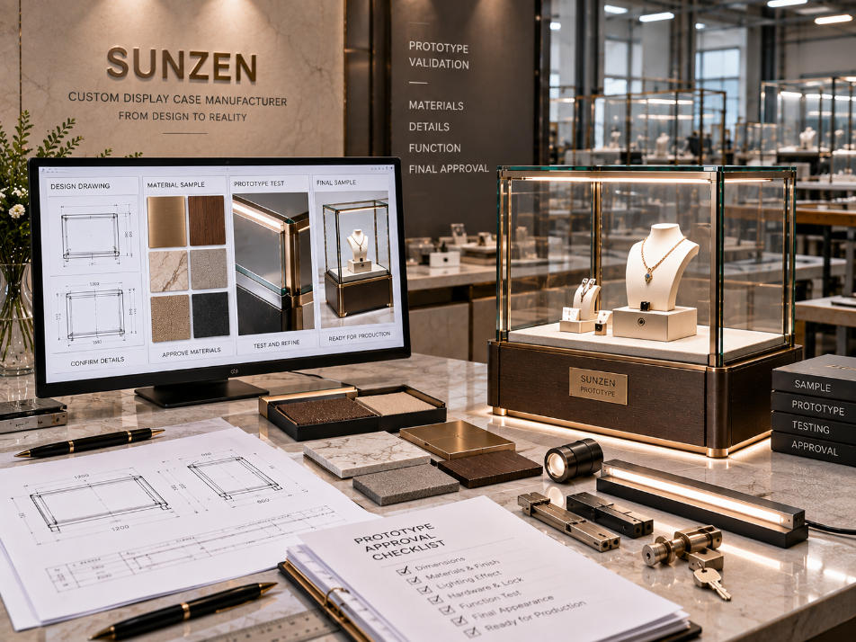Custom display case prototype validation comparing approved drawing material samples lighting hardware and finished first article