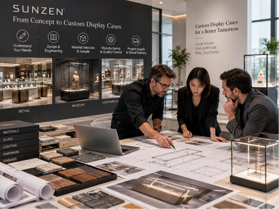 Custom display case supplier developing dimensions glass materials lighting access storage and finishes around project requirements
