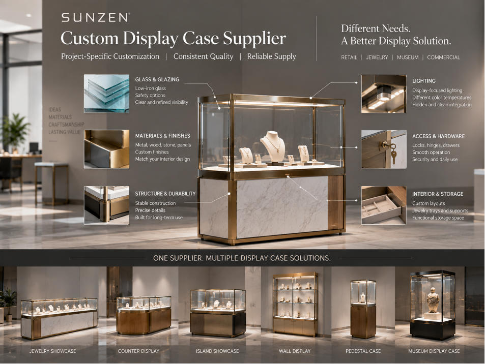 Custom display case supplier balancing project specific customization with consistent glass finishes lighting materials and hardware