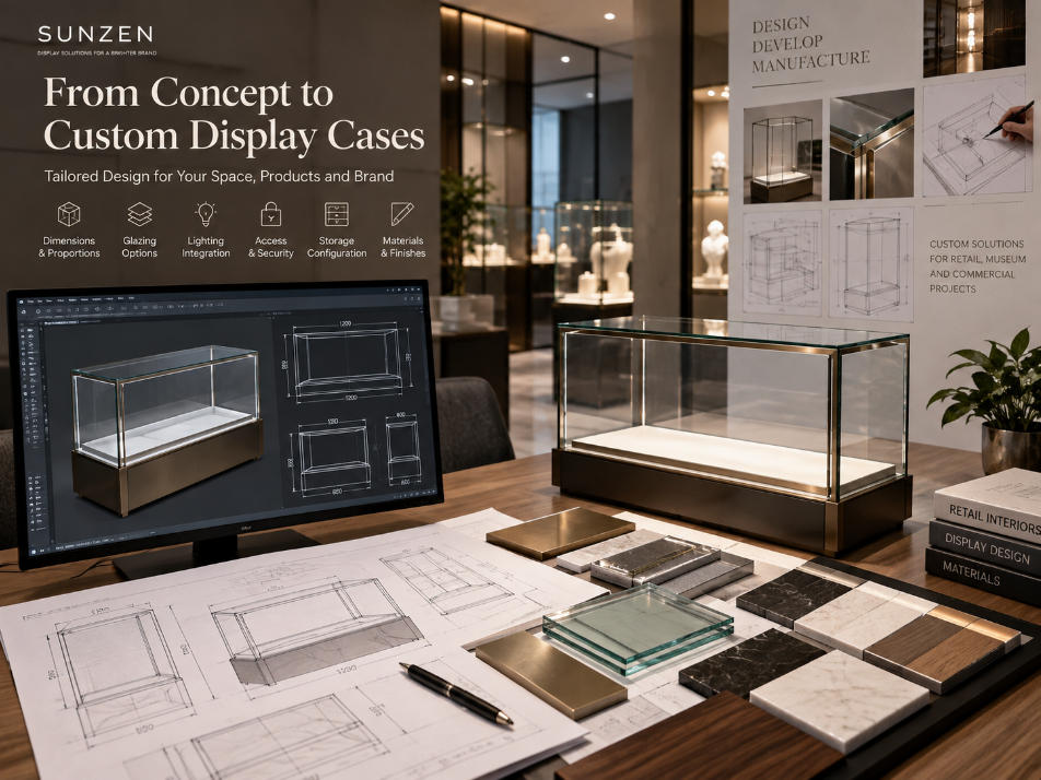 Custom glass display case design with tailored dimensions glazing structure lighting access and interior configuration