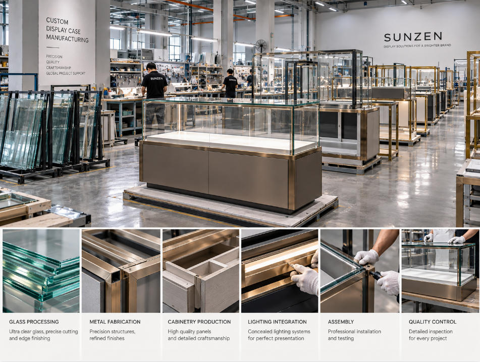 Custom glass display case manufacturing with glazing metal structures cabinetry lighting assembly and quality control