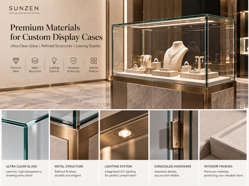Custom glass display case materials with ultra clear glazing metal structure premium finishes lighting and concealed hardware