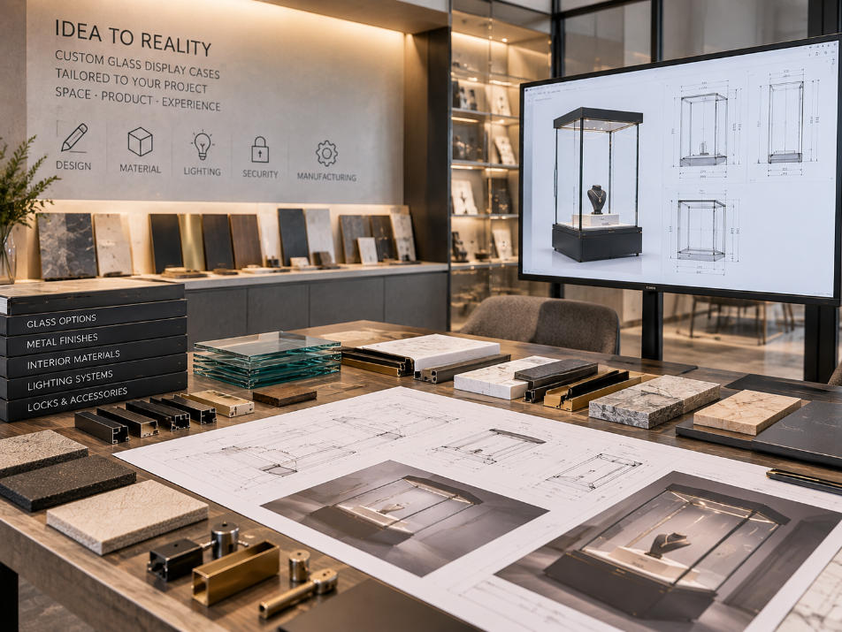 Custom glass display case supplier developing dimensions glass metal finishes lighting access security and storage around project requirements