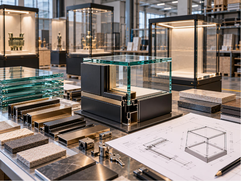 Custom glass display case supplier coordinating glass panels metal structures joints bases and supporting cabinetry
