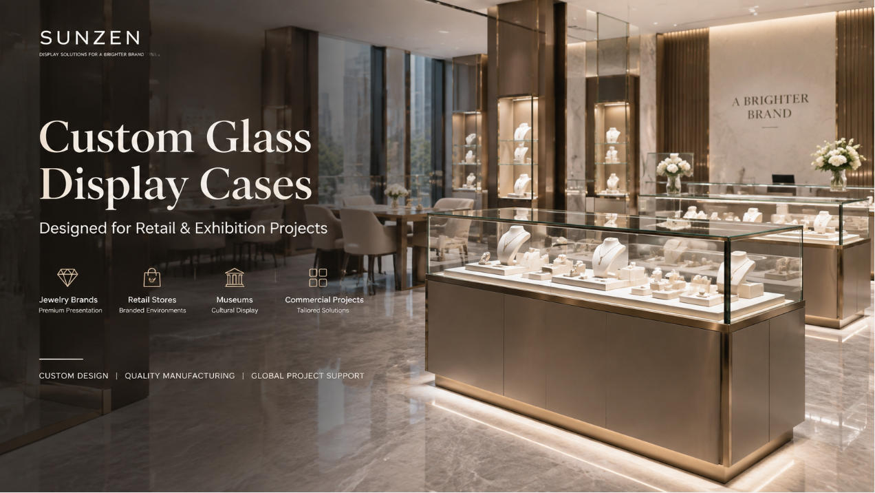 Custom glass display cases designed for jewelry brands luxury retail stores museums and commercial exhibition projects
