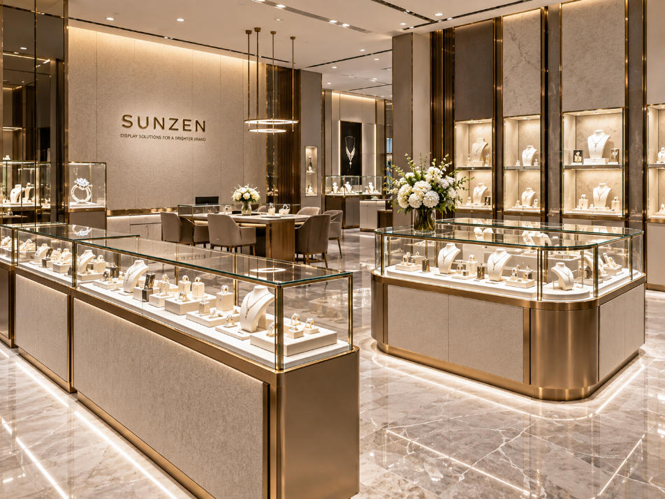 Custom glass display cases integrated into a luxury jewelry store with counters islands wall displays and premium lighting