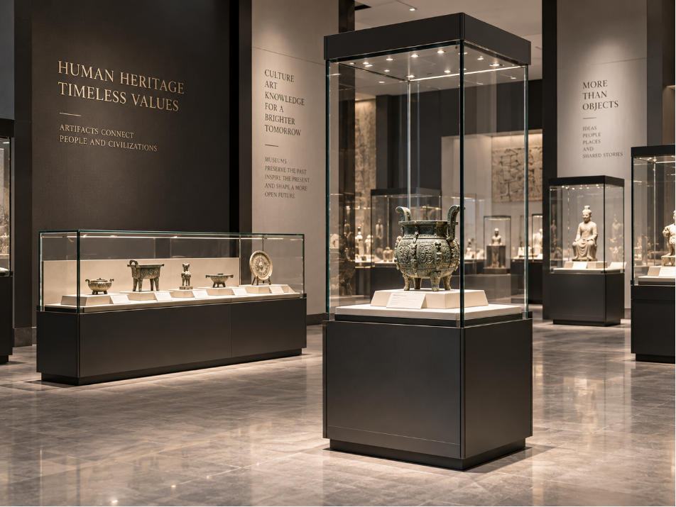 Custom glass display cases for museum and cultural exhibition projects with ultra clear glazing lighting and secure access