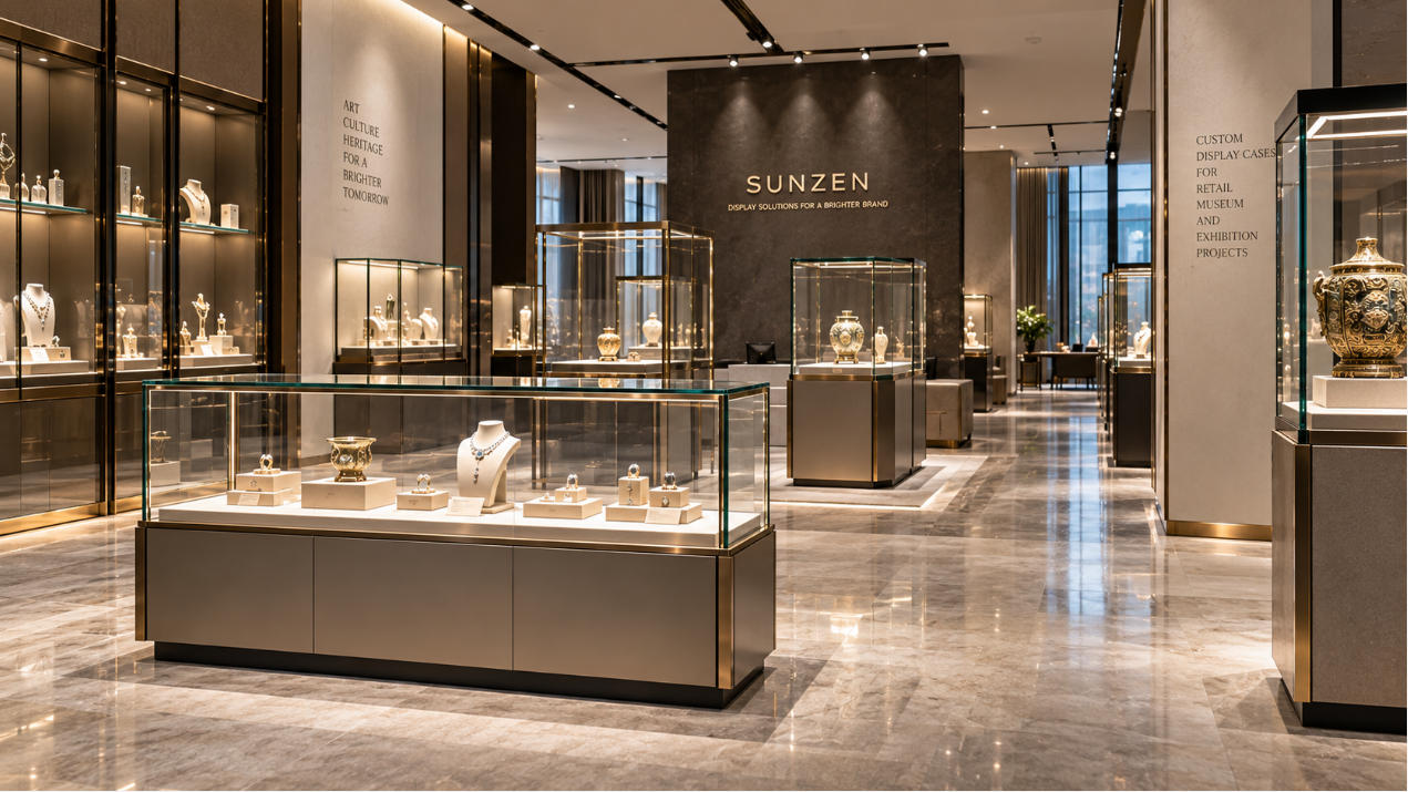 Completed custom glass display case project integrated into a premium retail and exhibition environment
