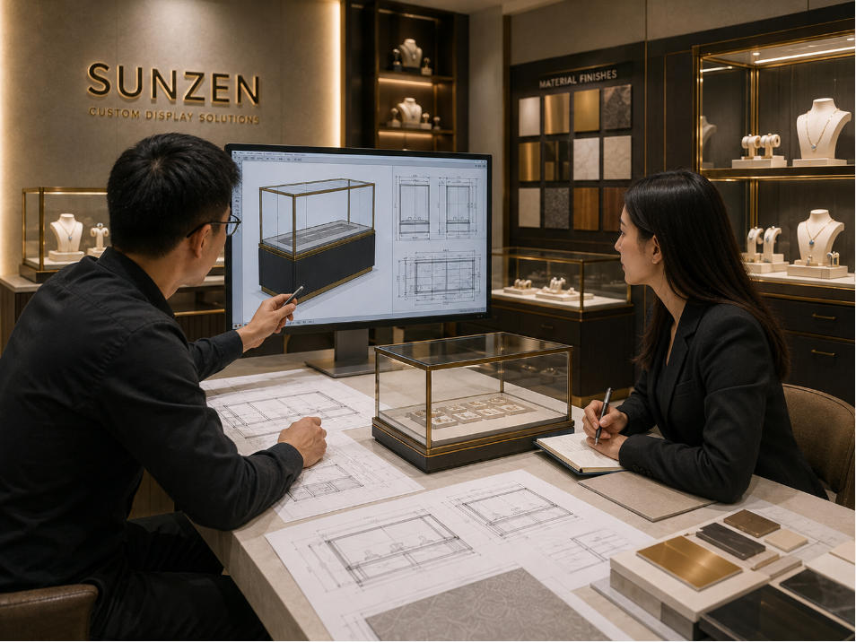 Custom glass showcase manufacturer developing commercial glass display cases
