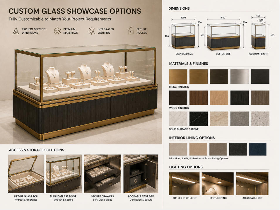 Custom glass display case with project-specific dimensions materials lighting and access