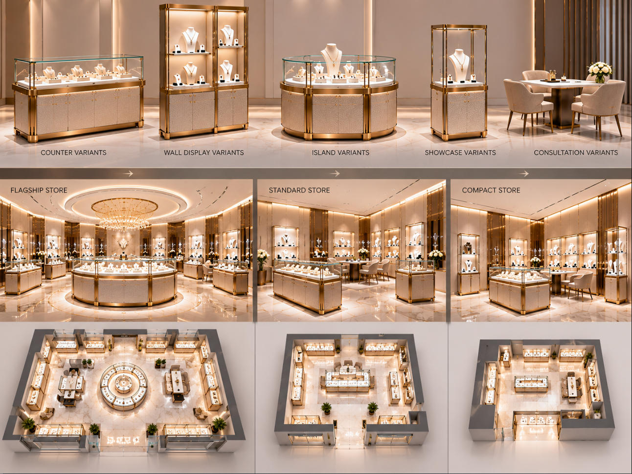 Custom jewelry chain store fixture variants adapting one coordinated counter wall display island and showcase system to different retail layouts