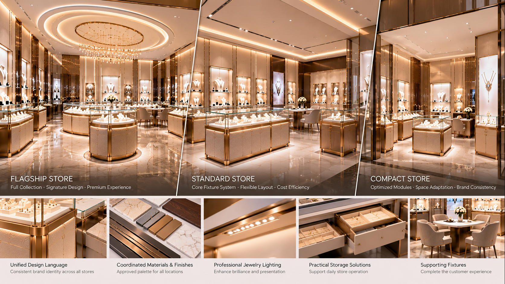 Custom jewelry chain store fixtures adapted to flagship standard and compact locations while maintaining consistent brand presentation