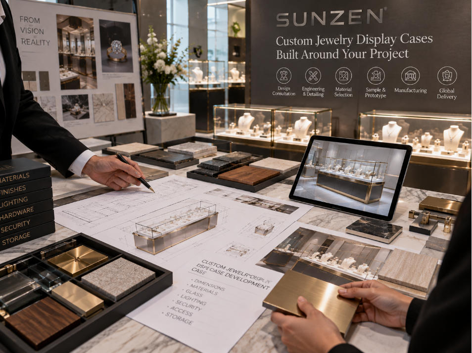 Custom jewelry display case supplier developing dimensions materials glass lighting security access and storage for jewelry retail projects