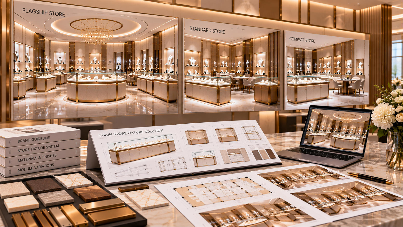 Custom jewelry fixtures for chain stores adapting coordinated counters wall displays islands and showcases to different branded retail locations