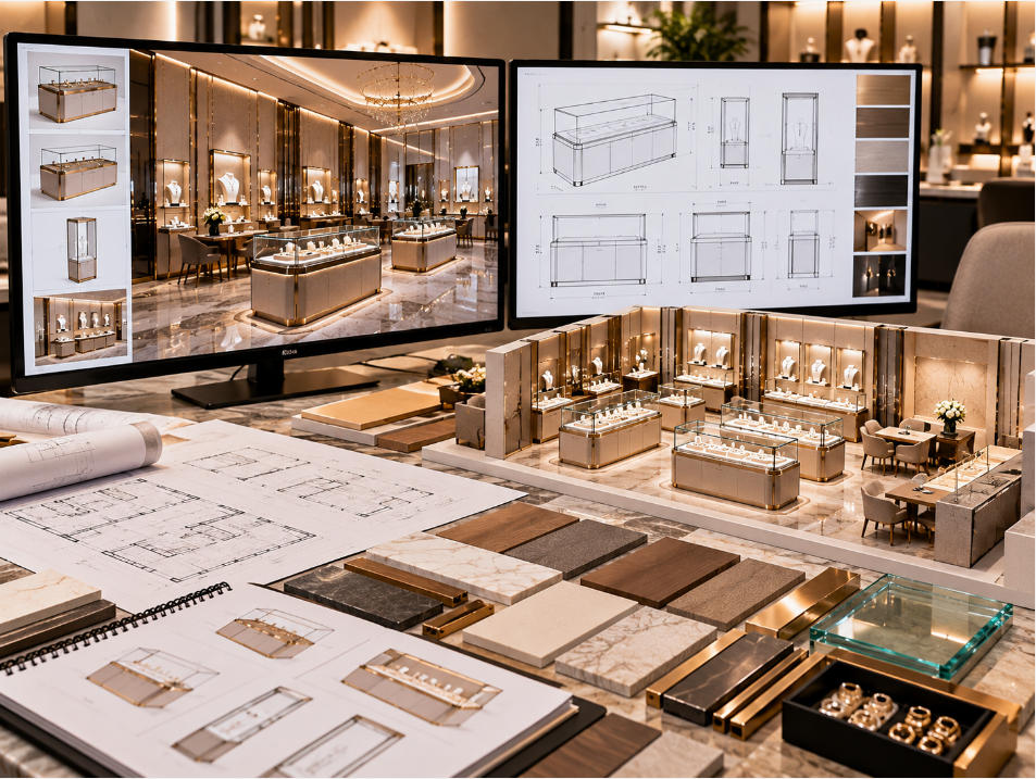 Custom jewelry rollout fixture design adapting approved display counters wall fixtures and islands to individual store layouts