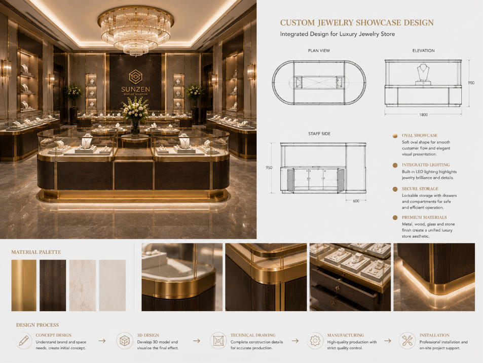 Custom jewelry showcase design developed around boutique layout jewelry presentation and brand requirements