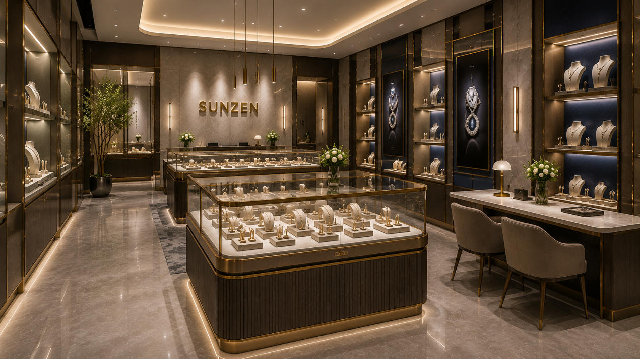 Custom jewelry showcase designed for luxury jewelry boutique with bespoke glass lighting materials and storage