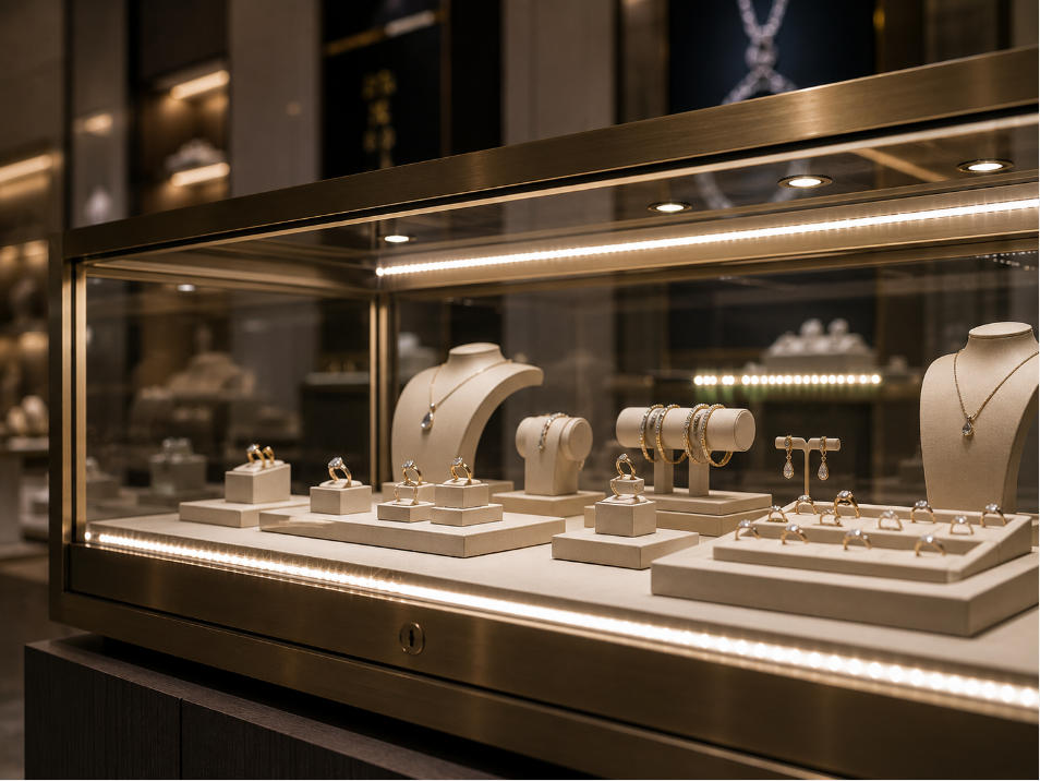 Integrated lighting design inside custom jewelry showcase for premium jewelry presentation