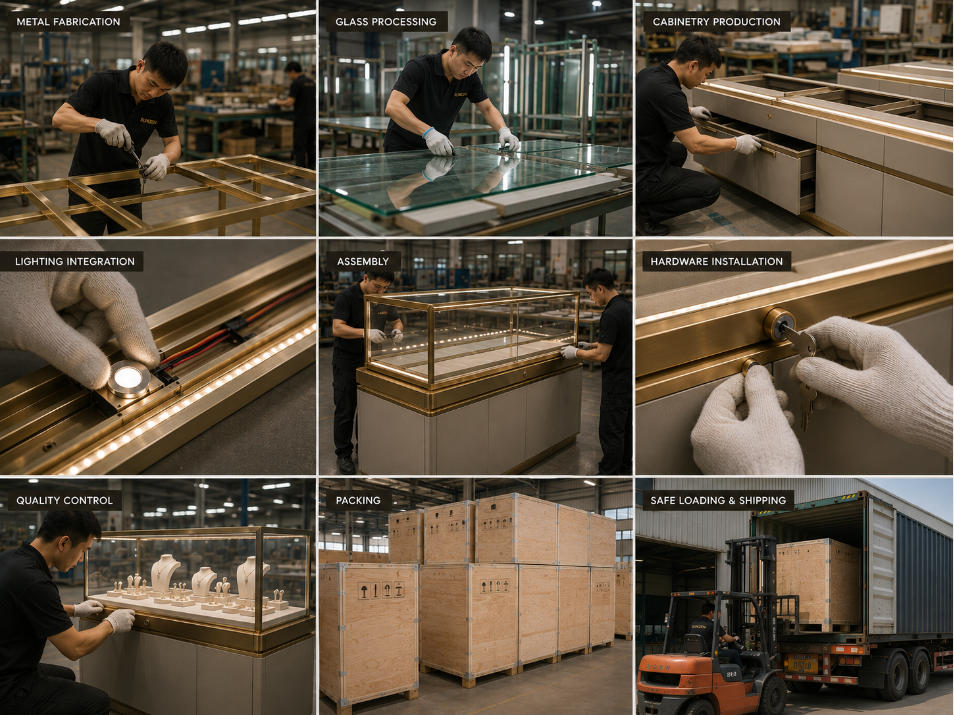 Custom jewelry showcase manufacturing with glass metal cabinetry lighting assembly and quality control