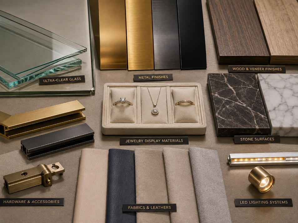 Custom jewelry showcase materials including glass metal wood stone and jewelry display fabrics