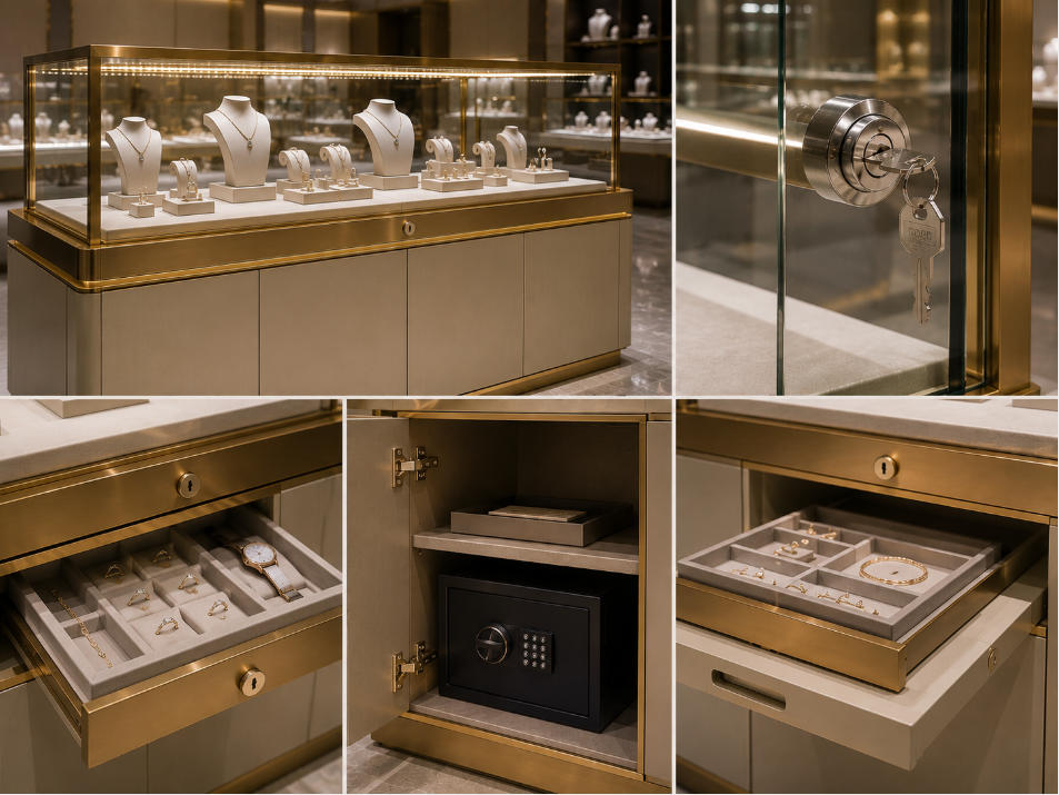 Custom jewelry showcase security locks drawers storage and staff access systems
