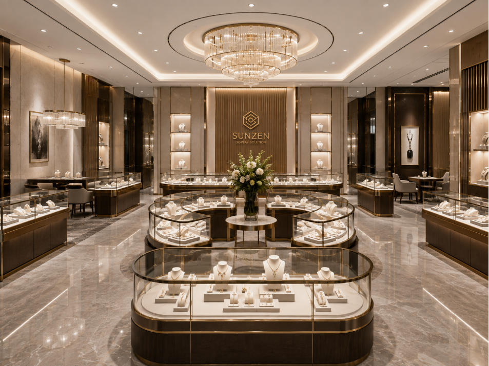 Custom jewelry showcase configurations coordinated with complete jewelry store layout
