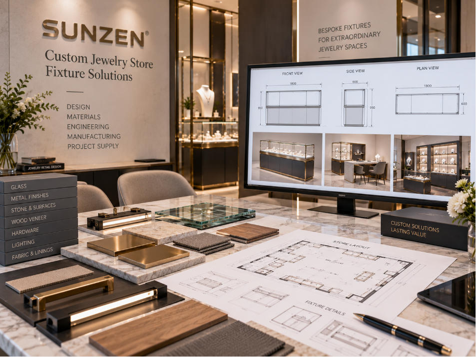 Custom jewelry store fixture supplier coordinating dimensions materials finishes showcases cabinetry storage and retail furniture