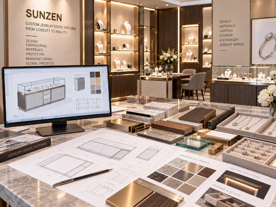 Custom jewelry store fixtures developed around jewelry categories tray layouts viewing height lighting staff access storage materials and brand finishes