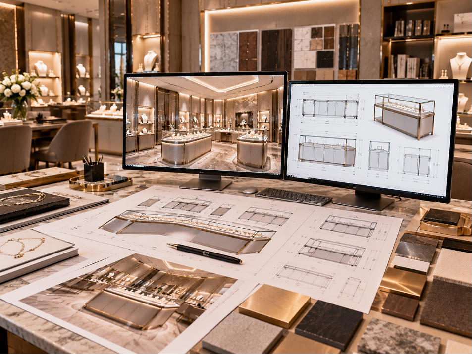 Custom luxury jewelry store fixture design developing showcase proportions materials lighting details and boutique presentation