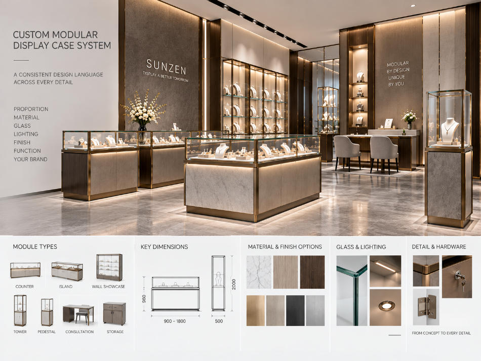 Custom modular display case design system showing coordinated proportions materials glass lighting and branded finishes