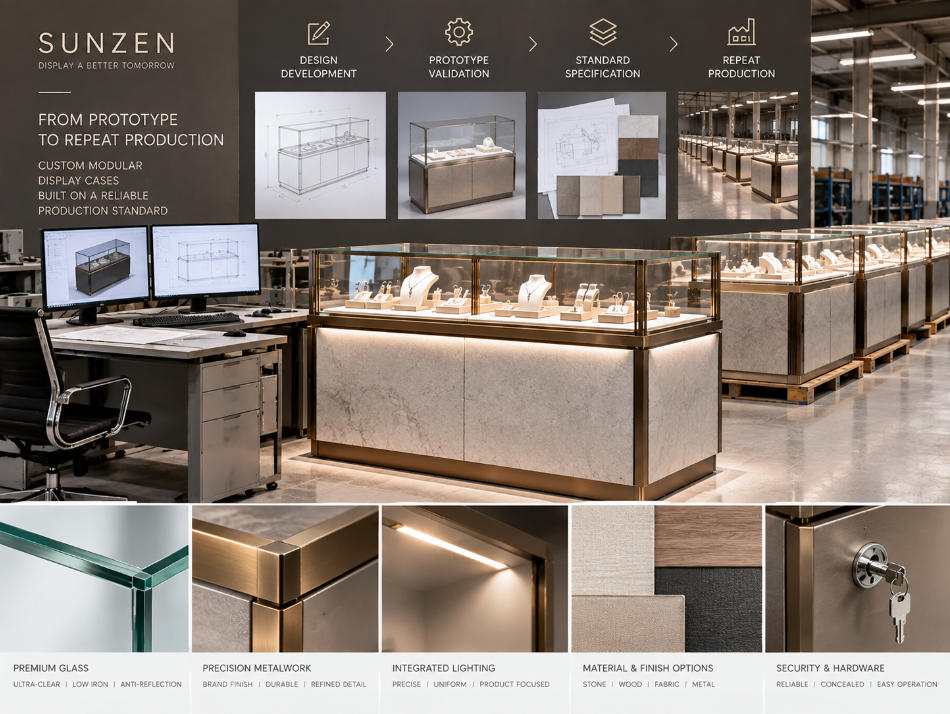 Custom modular display case prototype and repeat production with controlled glass metal lighting and finish specifications
