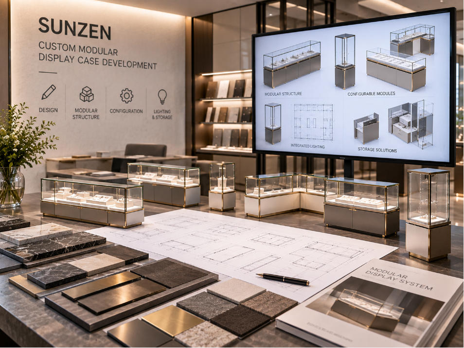 Custom modular display cases developed with repeatable structures configurable glass modules finishes lighting and storage