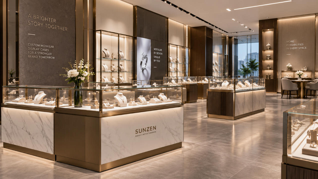 Custom modular display cases and showcases developed as a coordinated branded retail display system