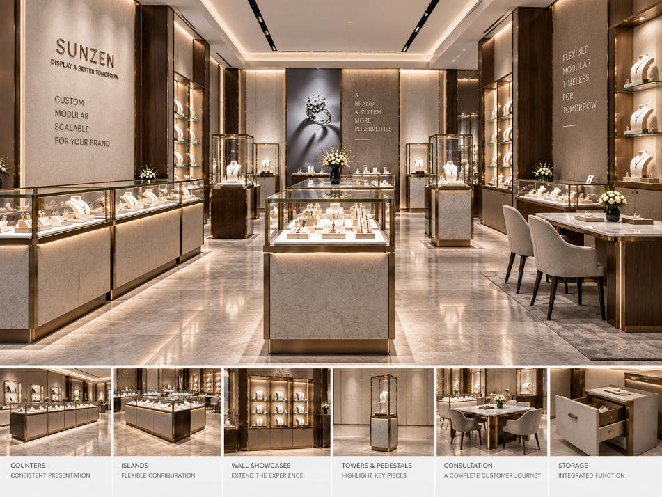 Completed custom modular display system adapted across coordinated branded retail showcase configurations