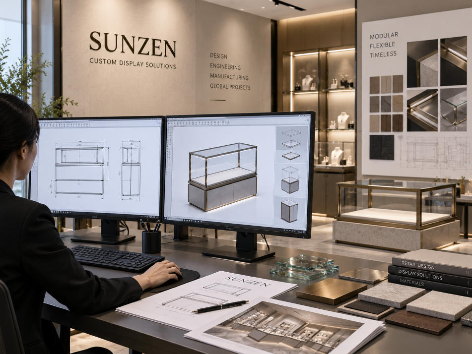 Custom modular glass display case design with CAD engineering dimensions materials lighting and configurable showcase modules