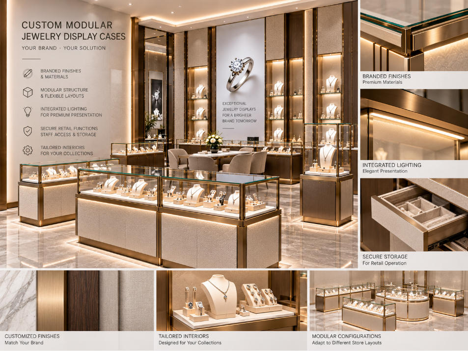 Custom modular jewelry display cases coordinated with branded finishes glass lighting interiors and secure retail functions