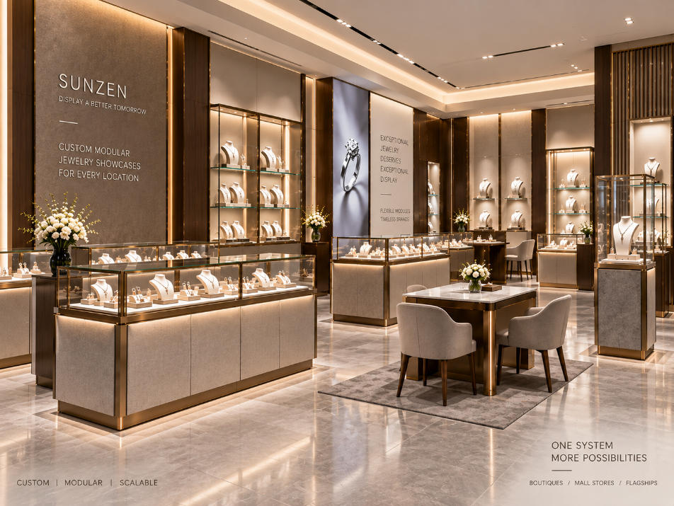 Custom modular jewelry showcases coordinated across counters islands wall displays and consultation areas