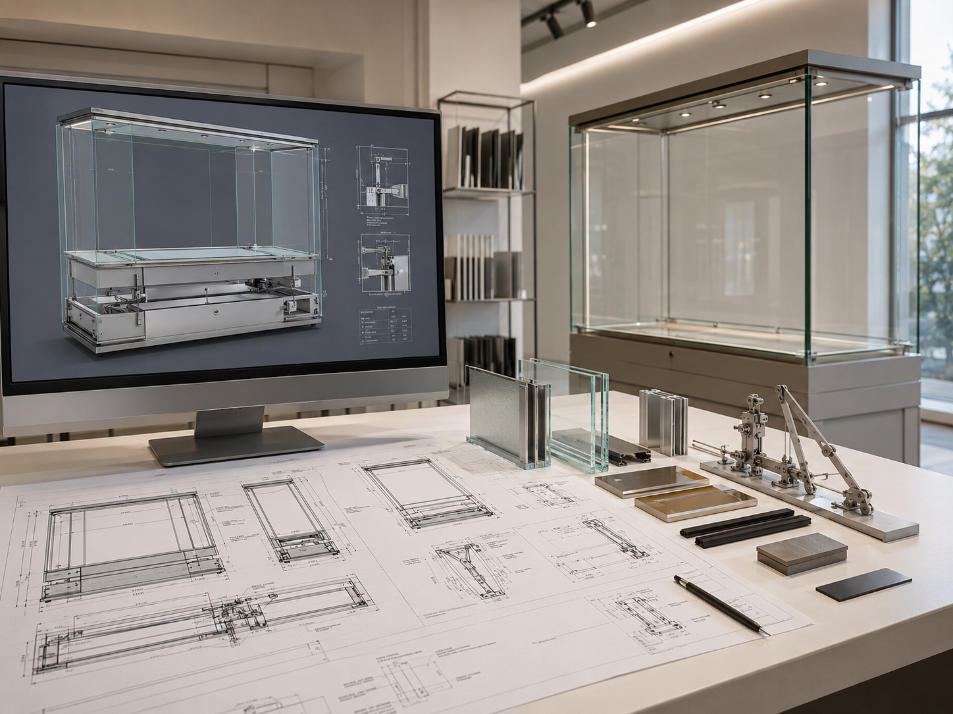Custom museum display case engineering with 3D visualization CAD drawings glazing access and technical development