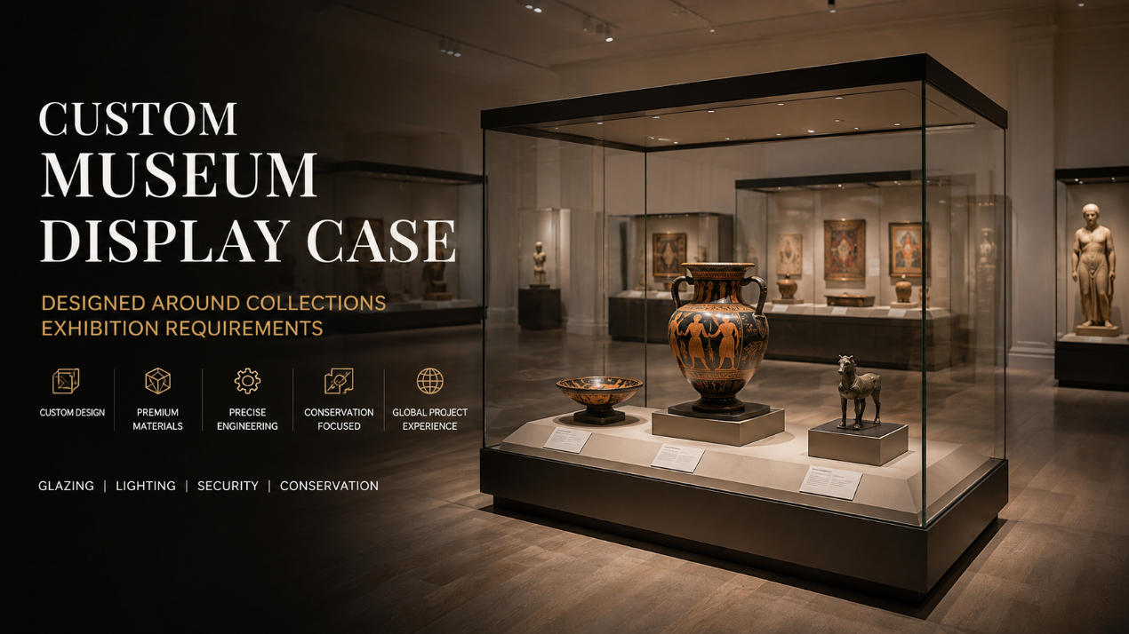 Custom museum display case designed around collections exhibition requirements glazing lighting security and conservation