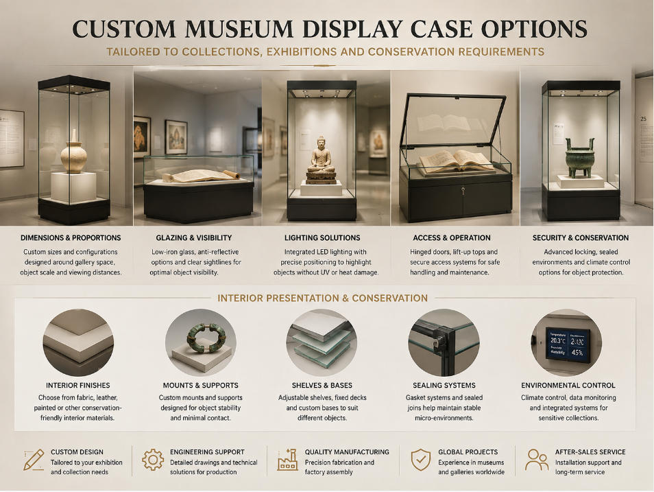 Custom museum display case options including dimensions glazing lighting access security and interior presentation