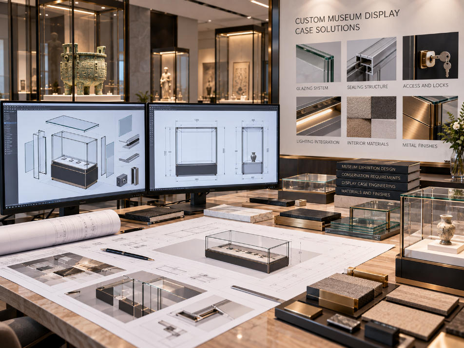 Custom museum display case supplier developing glazing sealing access lighting security interiors and case dimensions around exhibition requirements