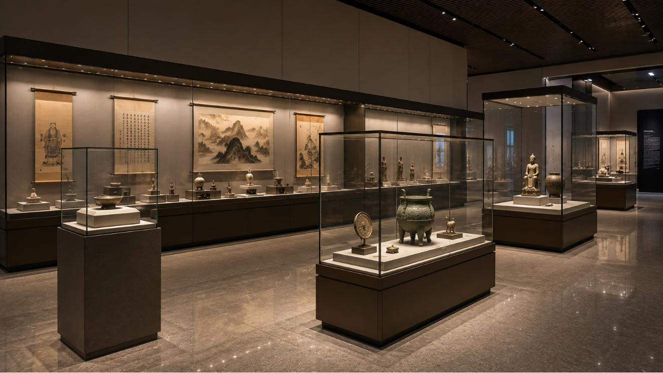 Completed custom museum showcase project with coordinated freestanding wall and pedestal display cases