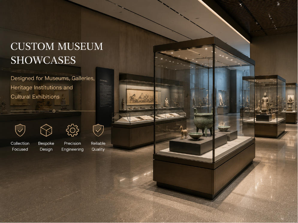 Custom museum showcases designed for museums galleries heritage institutions and cultural exhibitions