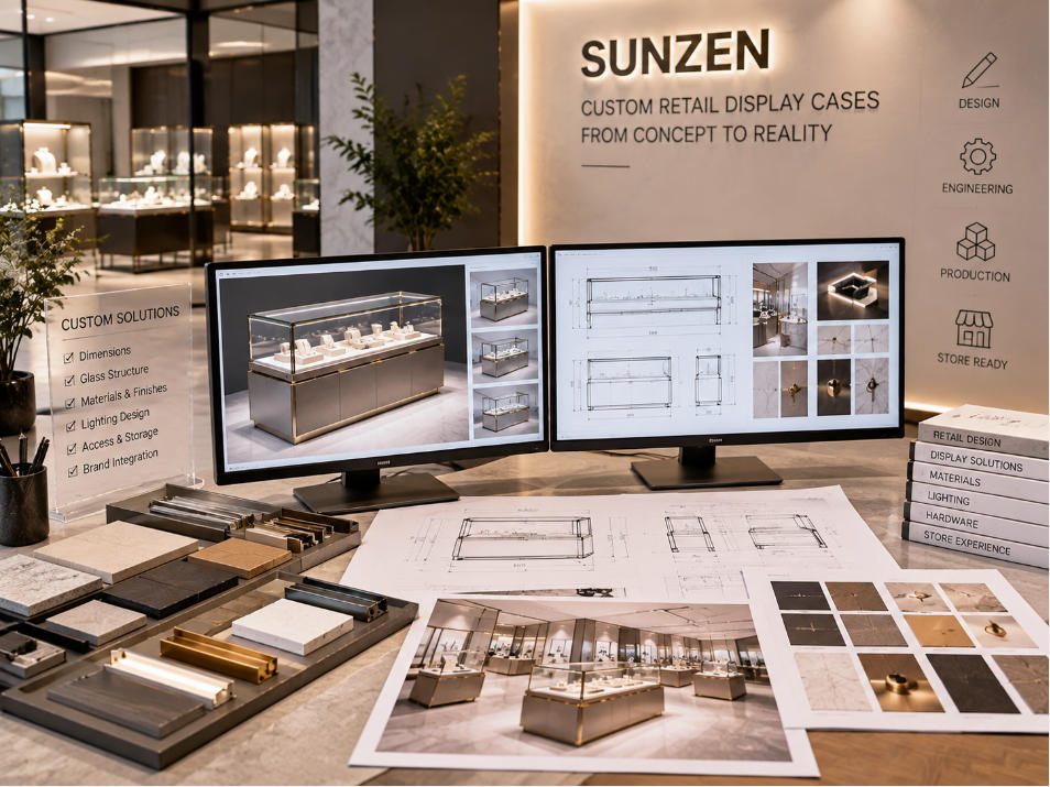 Custom retail display cases developed around merchandise dimensions brand finishes glass lighting access storage and store requirements