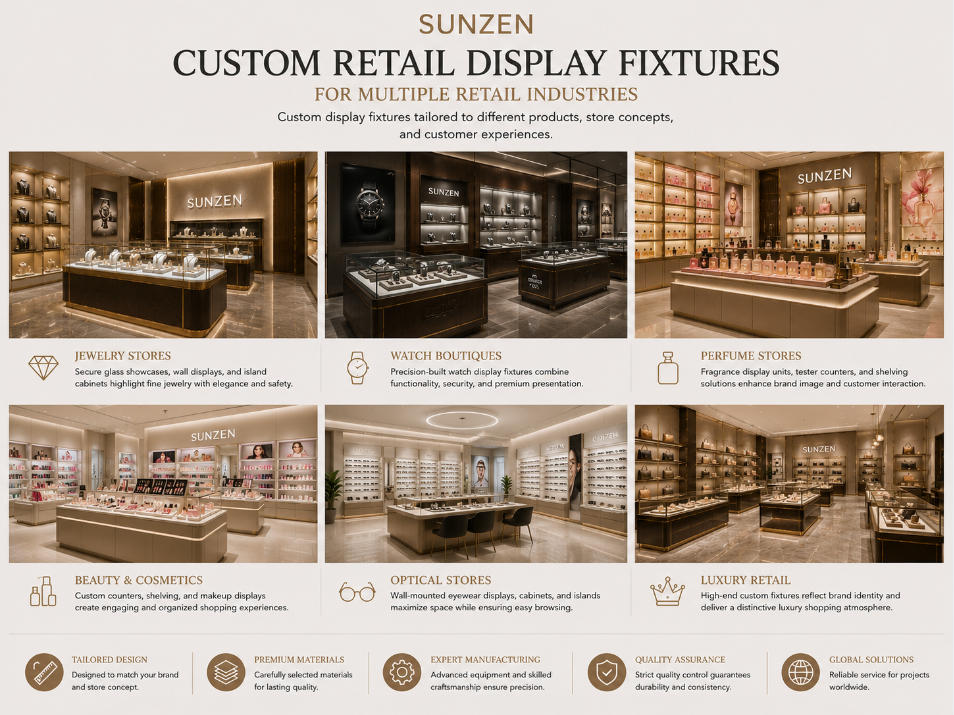 Custom retail display fixtures for jewelry watch perfume beauty optical and luxury stores