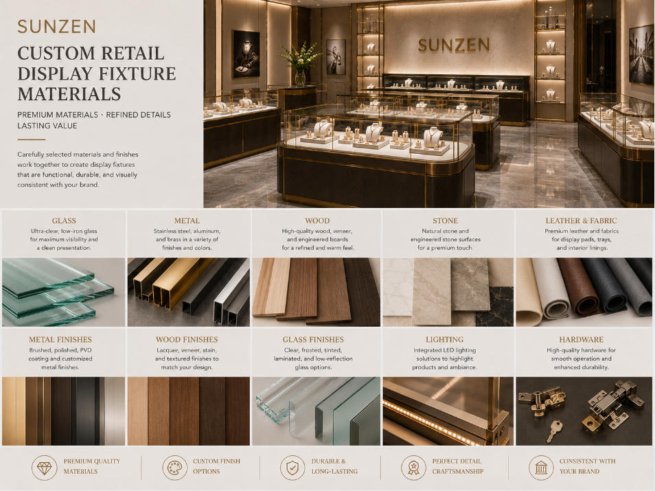 Custom retail display fixture materials including glass metal wood and premium finishes