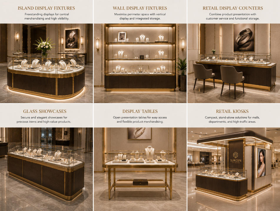 Custom retail display fixture types including island wall counter showcase and kiosk displays