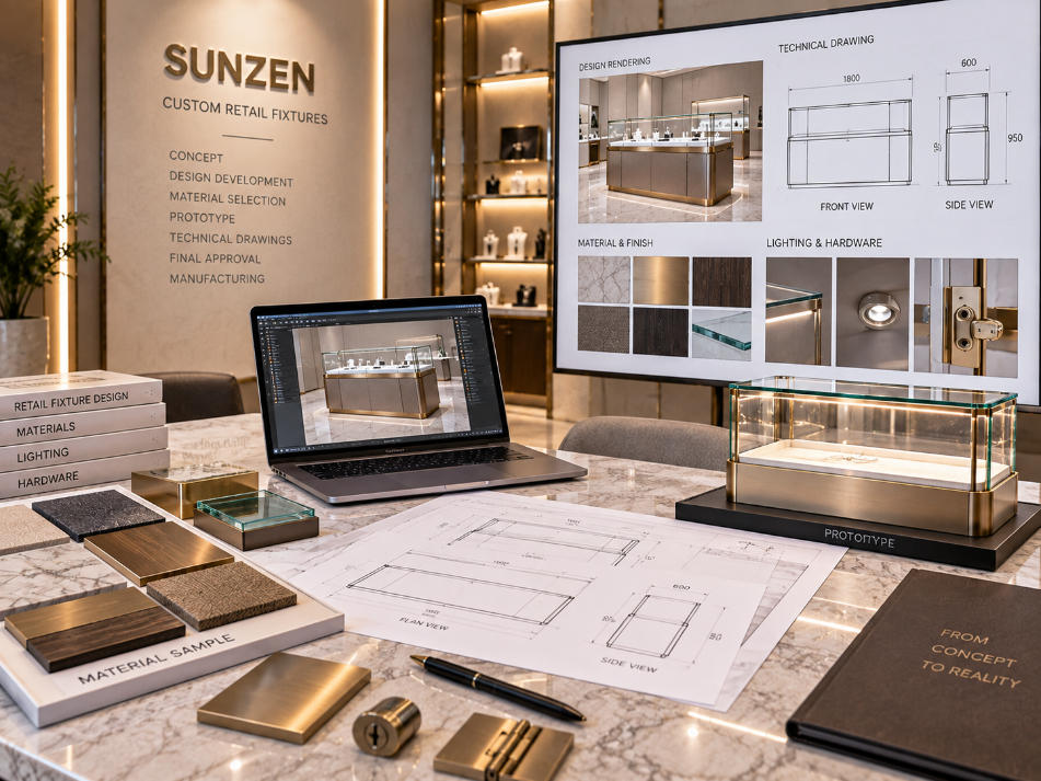 Custom retail fixture approval reviewing dimensions materials finishes lighting hardware and prototype details before manufacturing